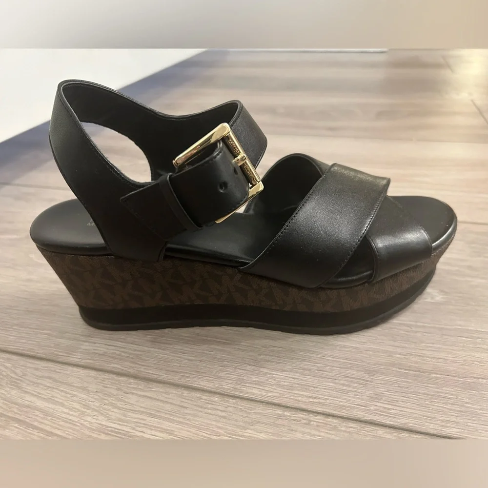Michael Kors Black Leather Platform Wedge Sandals with Gold Buckle (Size 7)